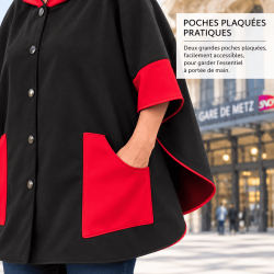 Cape bicolore noire et rouge avec poches plaquées