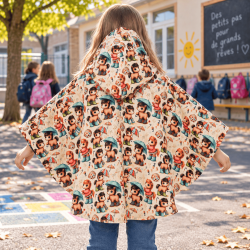 Cape enfant Poneys en softshell avec capuche vue de dos doublure micro-polaire beige
