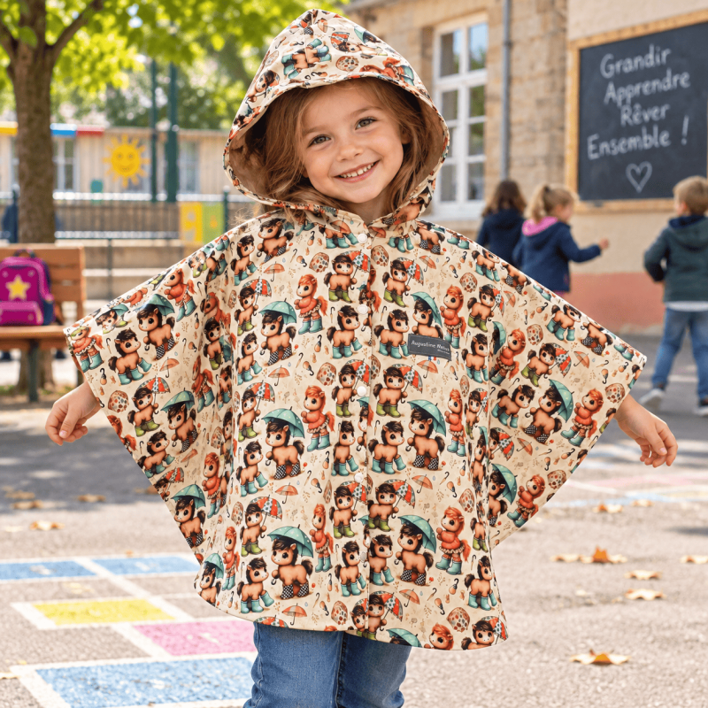 Cape enfant avec capuche en softshell imprimé Poneys doublée micro-polaire beige vue de face