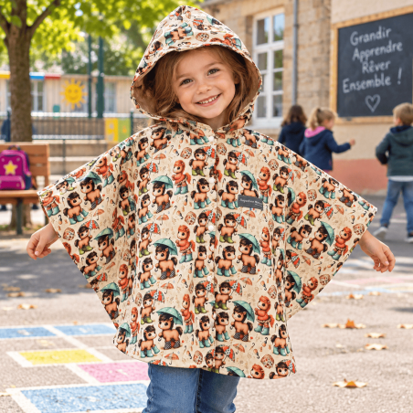 Cape enfant avec capuche en softshell imprimé Poneys doublée micro-polaire beige vue de face