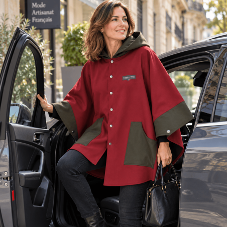 Cape avec capuche  bicolore bordeaux kaki Augustine Métro  Femme