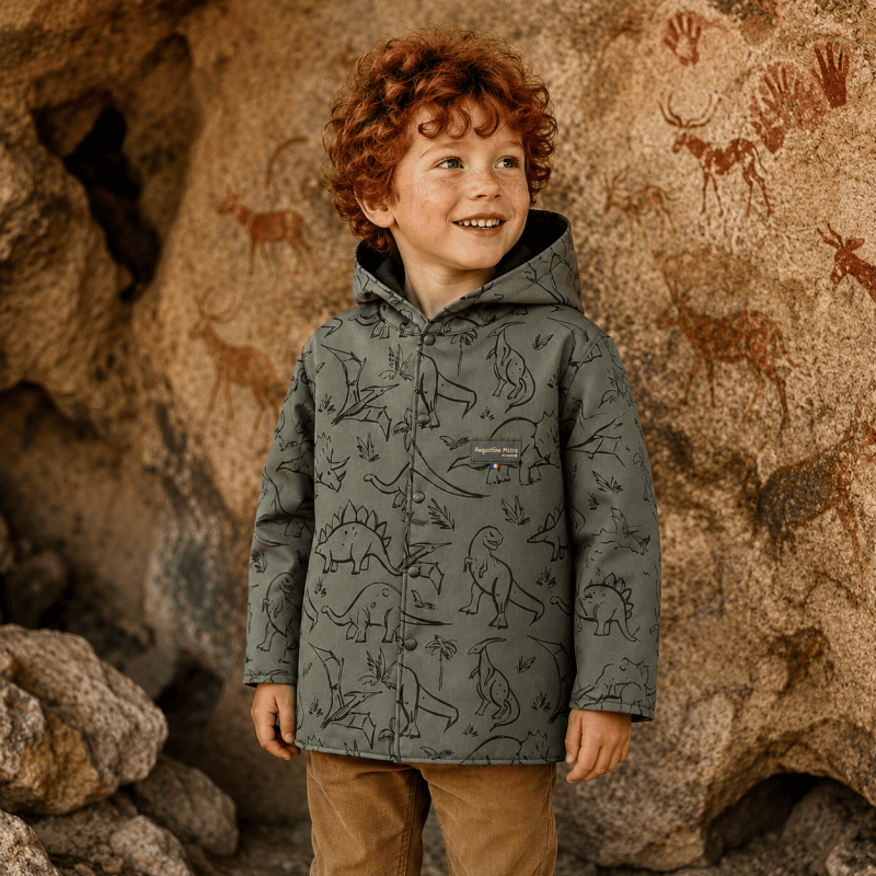 Veste coupe droite garçon en softshell à capuche - Dinosaures